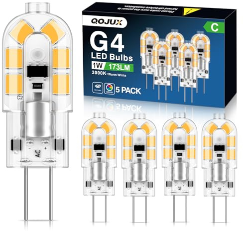 Ampoule G4 LED, 1W 173LM Ampoules LED G4 Classe C, équivalent 15W 20W Halogène, AC/DC 12V 3000K Blanc Chaud, Ampoule Economie d'énergie à Culot à Broches, Sans Scintillement Non-Dimmable, 5 Pièces