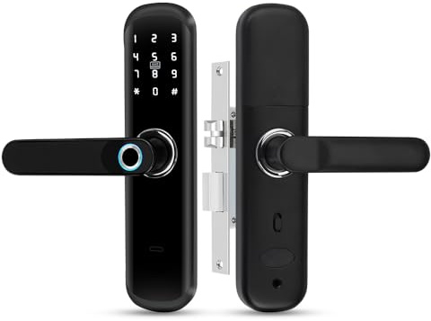 ReaIOKbii TUYA - Cerradura inteligente para puerta con asa: 5 en 1 cuenta con autenticación biométrica, contraseña digital, entrada sin llave de huellas dactilares y cerradura electrónica Bluetooth