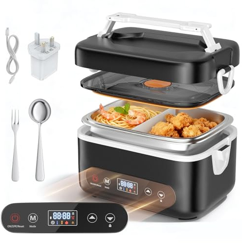 Helangel Electric Lunch Box, 1.2L Smart Heated Lunch Box for Adults with Touch Screen, Fast Heating Portable Food Warmer with Stainless Steel Tableware and Insulated Bag for Car, Office, Picnic