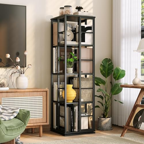 Drehbares Bücherregal 360°, 4-Stöckiges Bücherregal Mit 16 Fächern, Eckregal & Organizer Aus Holz, Platzsparendes Drehregal Für Bücher Kinderzimmer Schlafzimmer Büro Deko, Schwarz 138x40x40 cm