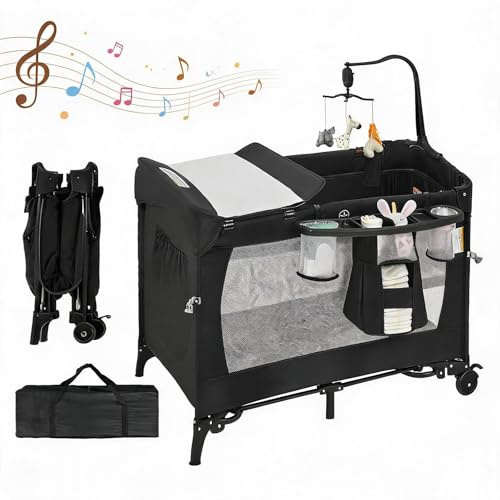 5-in-1 Baby Beistellbett, Reisebett Klappbar Mit Rollen, Babybett Mit Matratze & Wickeltisch, Höhenverstellbar, Stubenwagen Mit Musikspiel & Mobile, Tragetasche & Aufbewahrungskorb, Bis 15 kg, Schwarz