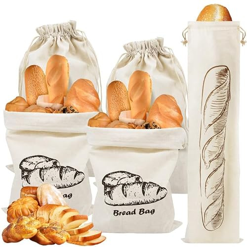 SPOKKI 5pcs Linen Bread Bags, 4 Large Bread Bags (45x30 cm) & 1 Baguette Bag (64x16 cm), Cotton Reusable Drawstring Bread Bag for Storing Baguette, Fruit & Vegetables to Keep Fresh