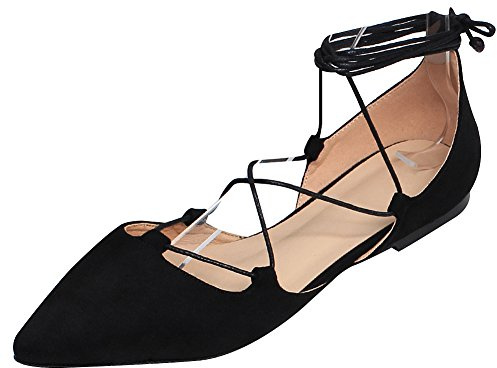 Jamron Mujer Suave Gamuza Sintetica Plana Puntiaguda Pumps Lujosa Cruzado con Cordones Zapatos de Bailarinas Negro SN02323 EU40
