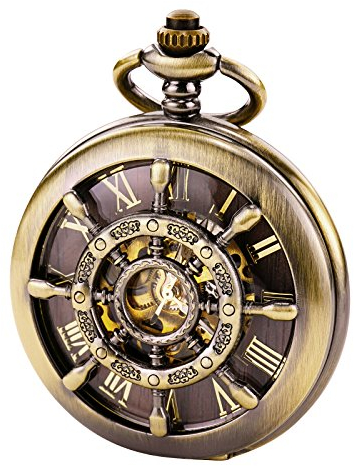 TREEWETO Unisex Taschenuhr mit Kette Analog Mechanisch Handaufzug Doppelscharnier Ruder Skelett Bronze