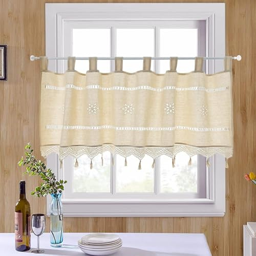 choicehot Vintage Café cortina algodón Lino – Cortina corta ganchillo Cocina cortinas con lazos, estilo rústico cortinas doméstica decoración para cocina, Bistro cortina beige, 152 x 38 cm