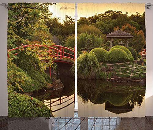 ABAKUHAUS Japonais Rideaux, Jardin Asie Paix, Décoration Intérieure Accent Lot de 2 Panneaux, 280 x 175 cm, Vert Jaune
