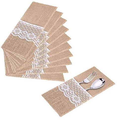 10 Stück Jute Bestecktasche, Serviettenhülle rustikale mit Spitze für Hochzeit und Partydekoration