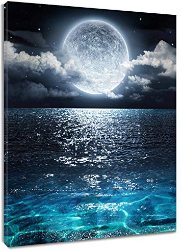 LB Framed Moon Over Ocean Canvas Wall Art Night Sky Full Moon White Cloud Painting Prints Wall Decor for Living Room Bedroom Bathroom Home Decor Ready to Hang,12x16 inches