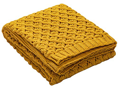 Matty-LZ Einfache Einfarbige Sanft Gestrickte Decke und Kissenbezug für Couch, Stuhl, Bett und Wohnaccessoire, Gemütliche Moderne (Ingwer Gelb, 130 x 160 cm / 51 x 63 inch - Strickdecke)