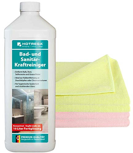 HOTREGA Bad und Sanitär Kraftreiniger Konzentrat 1 L inkl. 4 Microfasertücher - Badreiniger, Sanitärreiniger
