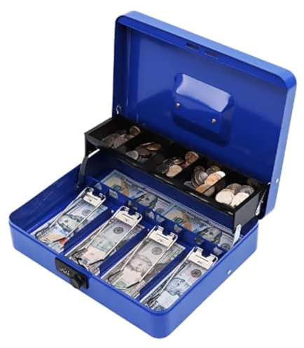 xydled Metal Cash Box, Cash Box with Money Tray and Combination Lock, Storage Box, Blue,4 Bill / 5 Coin Slots,11.8 x 9.5 x 3.5,Blue