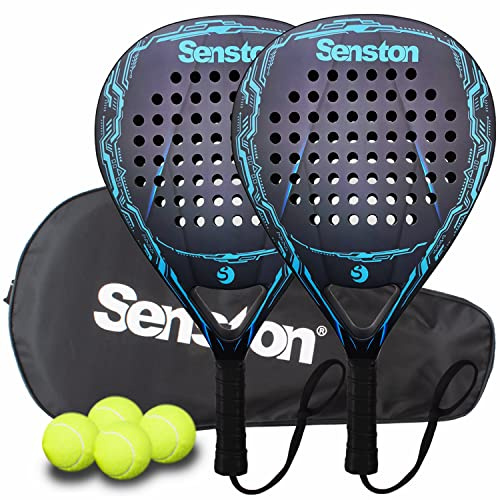 Senston Paddle Tennis Racket Carbon-Fiber Surface with EVA Memory Flex-Foam Core - Padel Racket with Carry Bag and Balls for Pop Tennis Beach Tennis. (Blue+Blue)