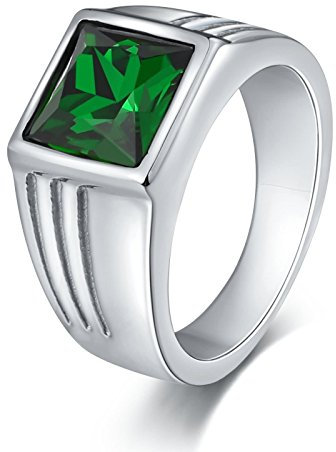 Beydodo Edelstahl Herren Ring Personalisiert mit Stein, Silber Ring Gothic Freundschaftsring Grün Zirkonia Breite 10MM Gr.60 (19.1)