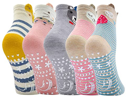 ZFSOCK Barn Flickor Halkfri Strumpor: Bomull Roliga Färgglada Djurmönster Ankelstrumpor, Anti-slip Sula med Nubs för Hemmet Lekplats 5 par Storlek 35-38, 12-14 år gammal