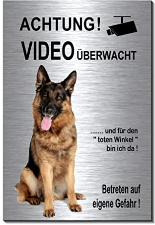 Schäferhund-Videoüberwachung-Hund-Schild-Hundeschild-150 x 100 x 3 mm-Aluminium Edelstahloptik-Hunde-Tierschild-Warnschild-Hinweisschild (1905-110 mit Klebepads)