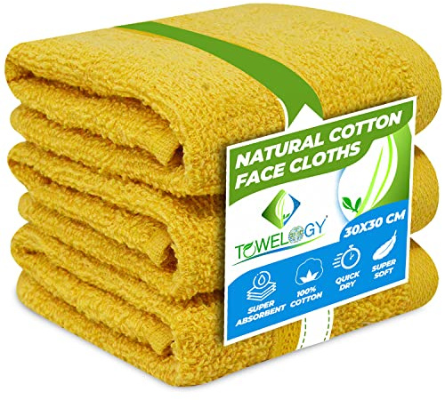 Towelogy® Premium Flannel Face Cloth 3-Pack 100% Egyptian Cotton Ring Spun Super Soft Washcloth 30x30cm for Cleansing Makeup Remover Spa & Gym Face Towels (Mustard Yellow, 3)