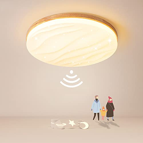LED Deckenleuchte mit Bewegungsmelder 18W Moderne Holz Flur Deckenlampe mit Tageslichtsensor Innen Rund Deckenbeleuchtung mit Sternendekor für Korridor Balkon Veranda Treppe Wohnzimmer Haustür,3000K