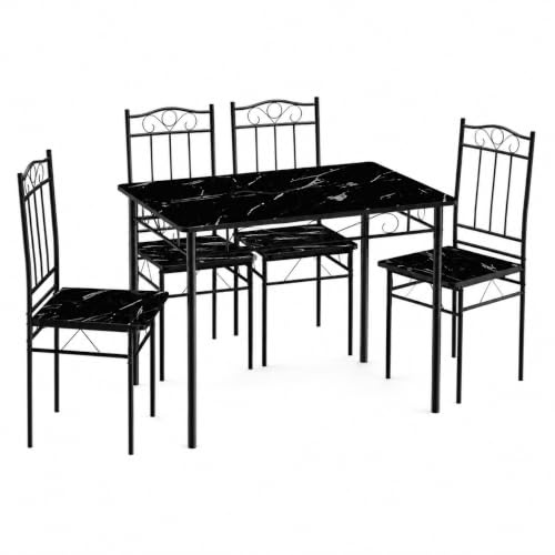 IPOTIUS Essgruppe mit 4 Stühlen,Esszimmer Set 109x69cm,Schwarz Marmorierter | 5-teilige Essgruppe mit Metallgestell, küchentisch mit stühlen, ideal für Küche, Esszimmer, Wohnung und kleine Räume