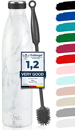 Milu Edelstahl Trinkflasche 350ml, 500ml, 750ml, 1L, 1.5L Thermosflasche, Isolierte Wasserflasche, Auslaufsichere Isolierflasche doppelwandig, Kohlensäure geeignet + Reinigungsbürste (Marble, 1.5L)