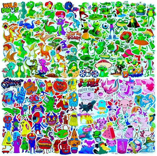 Stickers for Children 200 Pcs Axolotl Frog Dinosaurs Alien Eye Monster Mixed Sticker Pack,Waterproof Vinyl Stickers for Laptop Phone MacBook Scooter Scrapbook Journal Skateboard Planner Book Mug etc