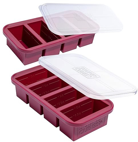 Souper Cubes 1 Cup Silicone Freezer Trays with Lids, Cranberry, 2-Pack | 100% Platinum-Cured Silicone Freezer Moulds, Oven & Microwave Safe, Perfect For Freezing Soup Cubes, Leftovers, Rice, & More