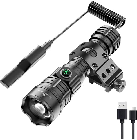WINDFIRE Picatinny Torcia tattica ricaricabile a LED per armi, luci super luminose, 3 modalità, lungo raggio di 227,6 m, con supporto su binario, interruttore a pressione remoto