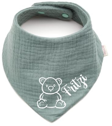 Personalisiertes Dreieckshalstuch aus Baumwolle/Musselin | Teddybär mit Namen | Halstuch für Jungen, Mädchen | Viele Farben