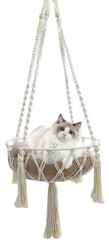 NCONCO Hand Knitting Hanging Cat Hammock Macrame Cat Hanging Bed Cat Basket Bed for Indoor Outdoor Playing, Sleeping, Climbing (White)
