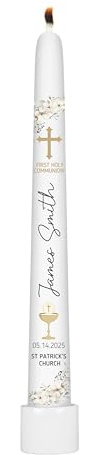 First Holy Communion Taper Candle, Personalized and Custom Communion Candle, Unscented White Premium Wax, Great for Religious Celebration, First Communion, Velas Personalizadas de Primera Comunion