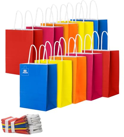 CHARMGIFTBOX 50 Stück 15 x 21 x 8 cm Bunte Papiertüten mit Henkel, Geburtstagsgeschenktüte, kleine Geschenktüten Papier für Kinder- und Erwachsenenpartys, Fest, Hochzeiten, Babypartys