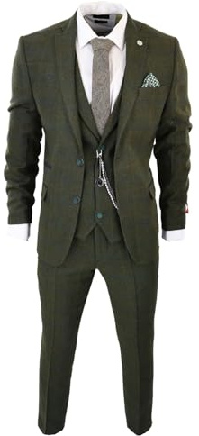 Costume Homme 3 Pièces en Tweed de Laine Mélangée à Carreaux Style Années 20 pour Un Look Habillé Festif - Vert Olive 52