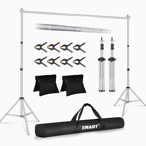 EMART Support Fond Photo Argenté, 2,6x3m de Support Toile de Fond Réglable avec 8 Pinces, 2 Sacs de Sable et Sac de Transport pour Studio Photo, Vidéo, Fête, Mariage-Argenté