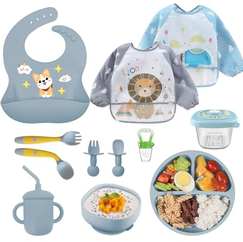 Set Silicone Bambini 10Pezzi Svezzamento, Piatto con Ventosa Ciotola Cucchiaio Forchetta Bavaglino, pappa e svezzamento