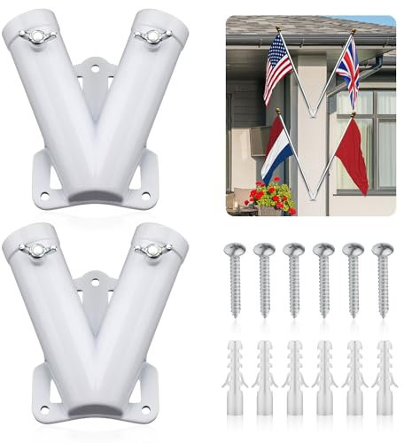 XIHIRCD 2pcs Double Flag Pole Bracket Holder, V Shape Sturdy Aluminum Alloy Flag Pole Bracket Flag Holder Mounting Bracket for Outdoor Memorial Day National Holiday