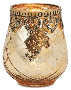 Vintage Kerzengläser Windlichter gold in 14 cm - Moderne Windlichtgläser als Kerzenständer Laterne Teelichthalter - Boho Kerzenhalter Teelichtglas als Hochzeit Tisch-Deko Balkon Garten Deko