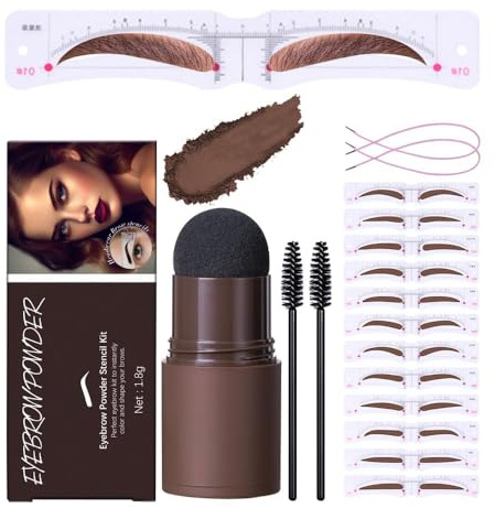 Augenbrauen Schablone Set, Augenbrauen Stempel Pulver Kit mit 12 Augenbrauen Form Brauen Schablonen, 2 elastische Schnur &2 Braue Pinsel, Augenbrauen Stempel Kit Langanhaltender (#2 Natürliches Braun)