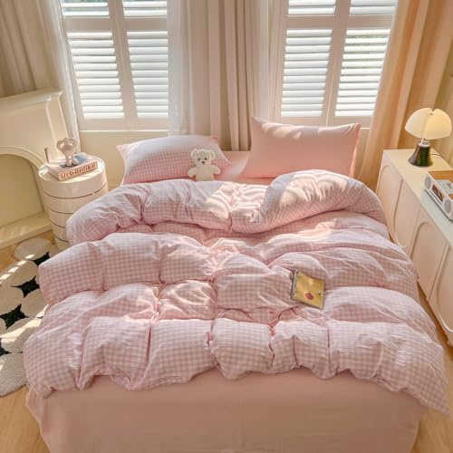Covebett Pink Gingham Duvet Cover Single White Pink Plaid Check Bedding Set | Washed Microfiber, Checkered Grid, Geometric, Aesthetic, Soft Quilt Cover 135x200 with Zipper Closure, 1 Pillowcase 50x75 cm