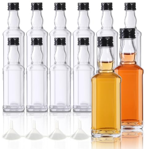 YBCPACK 12 Stück Kleine Glasflaschen zum Befüllen 50ml Leer Likörflaschen | Mini Schnapsflaschen mit Schraubverschluss, Trichter, Perfekt für Eierlikör, Tequila, Schnäpse