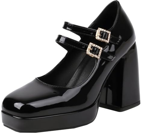 HSyc JRX Verni Mary Jane Escarpins à talon bloc avec plateforme et boucle Chaussures à talons hauts pour femme