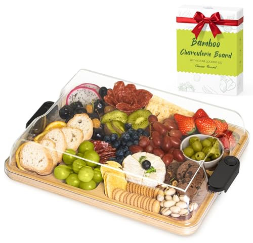 Tabla de charcutería 2 en 1 con tapa, tabla de cortar grande de 12 x 15 pulgadas para cocina, tabla de queso de bambú portátil de viaje, bandeja de servir cubierta, regalos de cumpleaños de