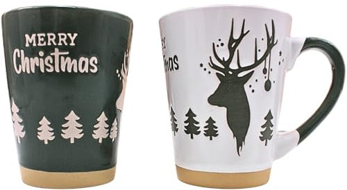 Dekohelden24 Set di 2 Tazze, Vin brulé, Bicchieri grès Set da 2 Pezzi, Dimensioni: L/L/H Circa 12 x 8 x 11 cm, capacità 360 ml per Tazza, Alce Verde/Bianco, 11 cm
