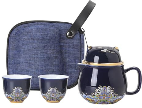 Teapot Set with Mugs, Portable Ceramic Tea Cup Set, Portable Teapot Set Lucky Cat Ceramic Tea Cup Set, Porcelain Tea Set with Tea Strainer, Shockproof Tea Cups for Travel and Home