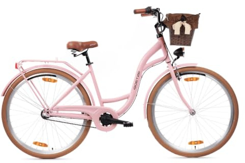 Goetze Style Damen Citybike 28 Zoll, Retro Fahrrad mit 3-Gang | Tiefeinsteiger, Shimano Nexus Nabenschaltung mit Rücktritt, LED-Beleuchtung, Rattankorb, Gepäckträger und Klingel