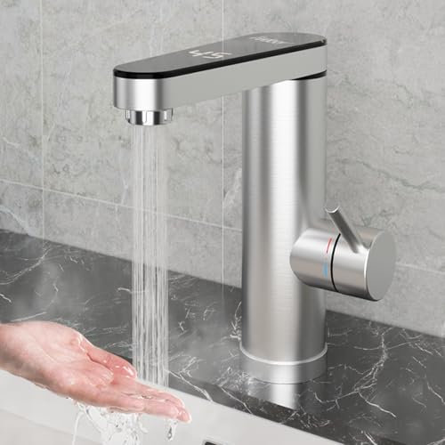 Stainless Steel Instant Hot Water Heater Tap, Electric Hot Water Tap with Digital Temperature Display, 120 Degree Swivel Spout, 220V 3400W Electric Taps for Bathroom, Kitchen Sink (Silver)