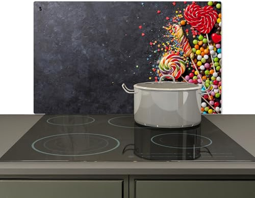 KitchenYeah© Paraschizzi Cucina Pannello Dietro Piano Cottura Fornelli a | 85x52 cm - Gas Paraspruzzi, Protezione Induzione Caramelle - Leccornie - Colorate - Cemento
