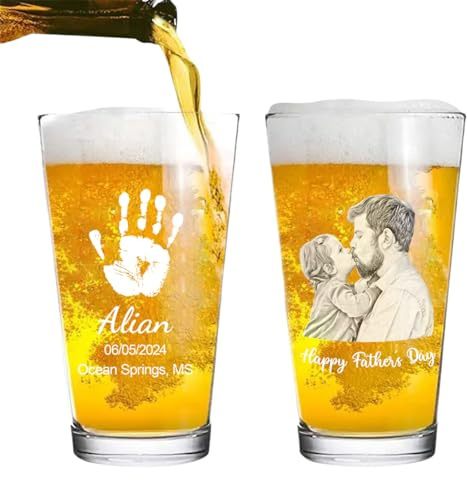 Wasetell Tasse à bière personnalisée avec photo personnalisée pour la fête des pères, verre à whisky avec empreintes de mains, verre à vin avec photo de famille, cadeau pour papa, papa, grand-père