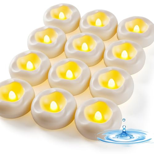 Auemaniliy-12 Stück 5,1cm LED schwimmKerze, 200 Stunden wasserdichte warmweiße batteriebetriebene schwimmende Teekerze für romantisches Hochzeitszentrum/Bad/Pool/Brunnen