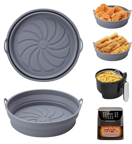 Alyvisun Teglie in Silicone per Friggitrice ad Aria, 2 Pezzi Teglia Accessori per Air Fryer Contenitori Cestello Riutilizzabile Rotondo Tappetino Stampi Per Airfryer, Microonde, Forno (Grigio Chiaro)