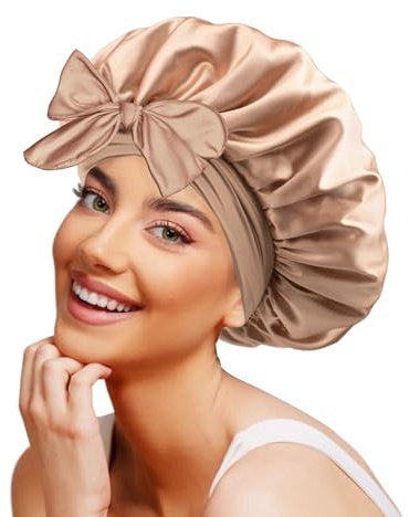 Galsangflower Doppelseitige Satin Schlafhaube mit Band – Champagner | Doppelschichtiges Satin, doppelseitig tragbar, extra groß für Locken & langes Haar – schützt nachts vor Frizz & Haarbruch