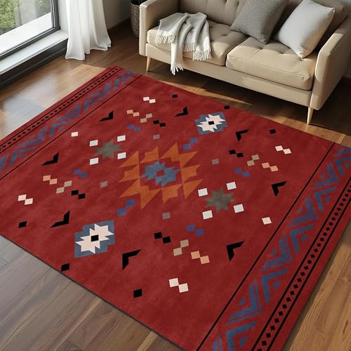 YJDRUG Roter Wohnzimmerteppich, 160x200cm Bohème-Stil, Südwestlicher Stammesteppich, Rutschfester, Waschbarer Kurzflorteppich für Jungen- und Mädchenschlafzimmer, Kücheneingangsbereich, Wohndeko